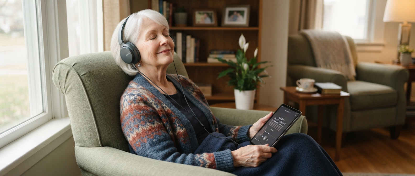 Senior listening to Bible audio with headphones