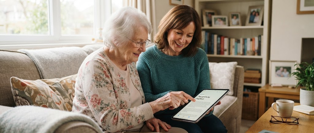 Family member helping a senior use a Bible app