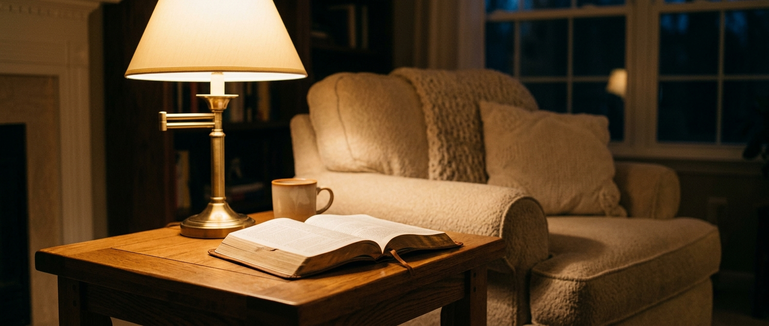 Reading lamp beside an open Bible on a side table