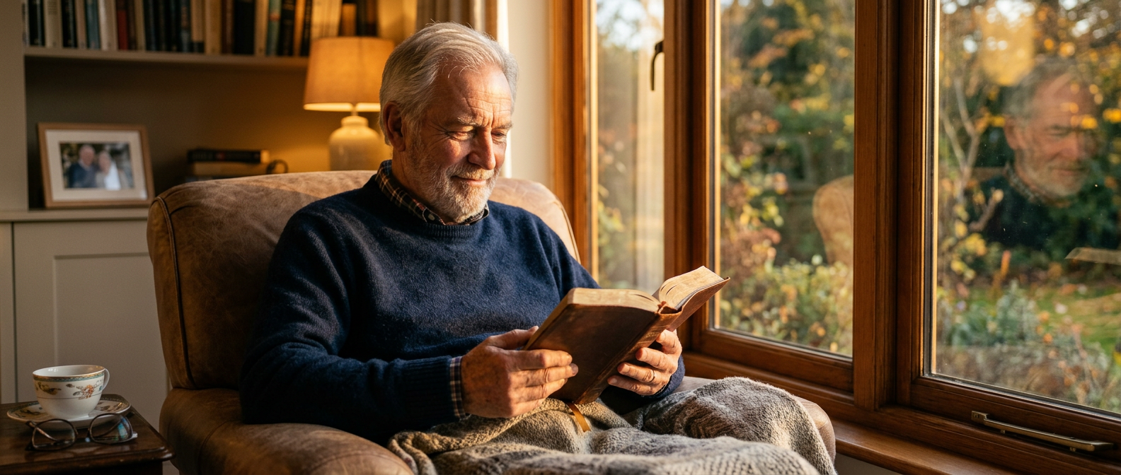 Older adult reading the Bible in a comfortable chair with warm light