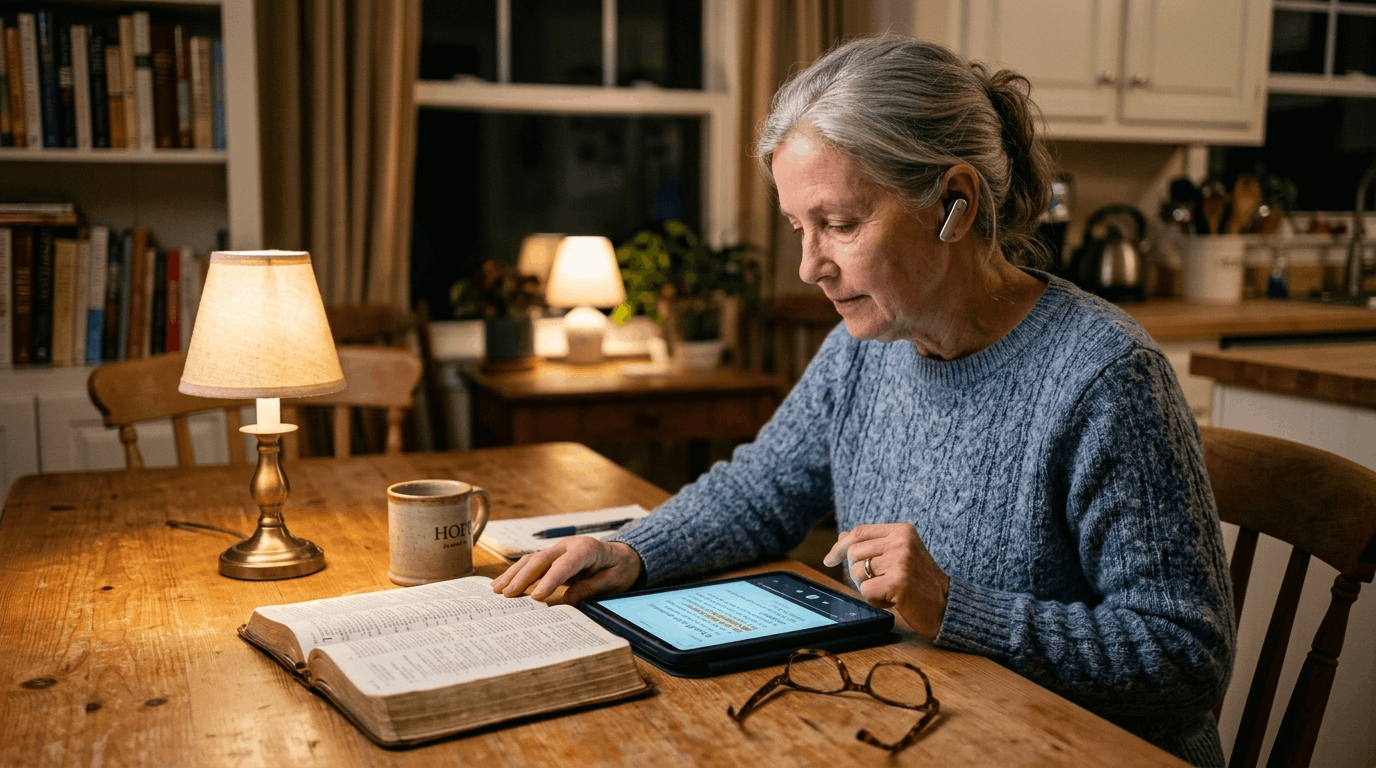 Older adult reading a Bible while listening on a tablet