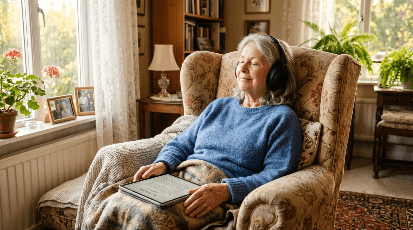 Older adult comfortably using a simple Bible app on an iPhone
